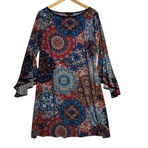 MSK Womens Size 1X Medallion Print Tunic Dress Boho Stretch Knee Length Flowy